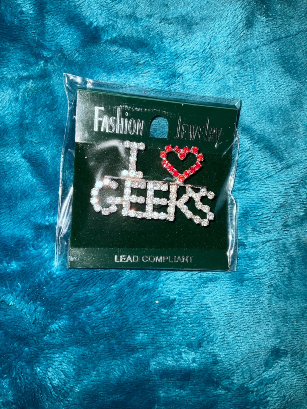I ♥ Geeks VINT. Y2K CRYSTAL Brooch Pin Red heart NW I cut off his R HAHA 4 GREEK